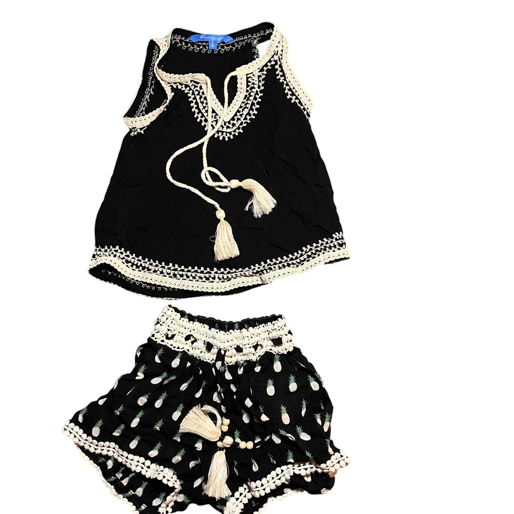 Blue Ginger Kids‎ Girls Black Pineapple Print Shorts Set Cropped Top Boho 4/6
